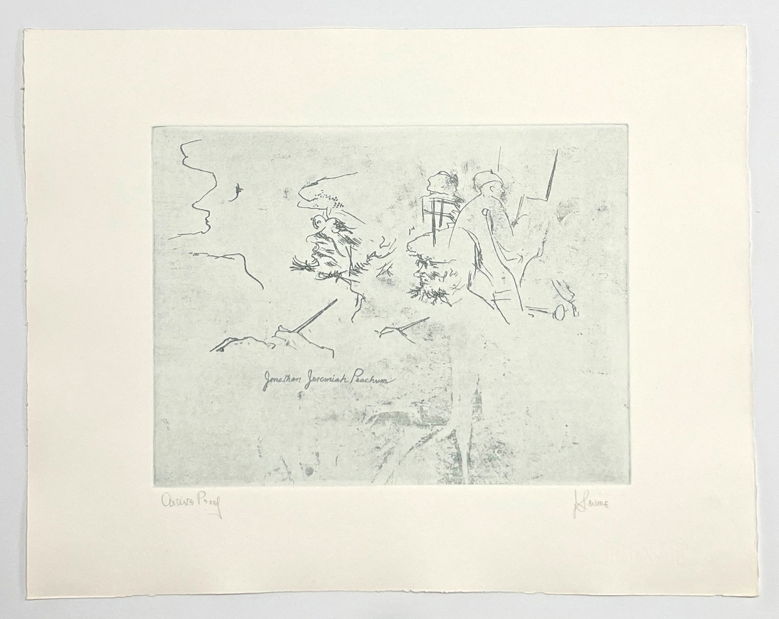 Jack Levine signed original etching "Jonathan Jeremiah Peachum": Medium: original soft ground etching. Signed in pencil and annotated "Artist's Proof". Printed in 1967 for the Dreigroschen Film portfolio and published by Touchstone Publishers. This is one of 10 art
