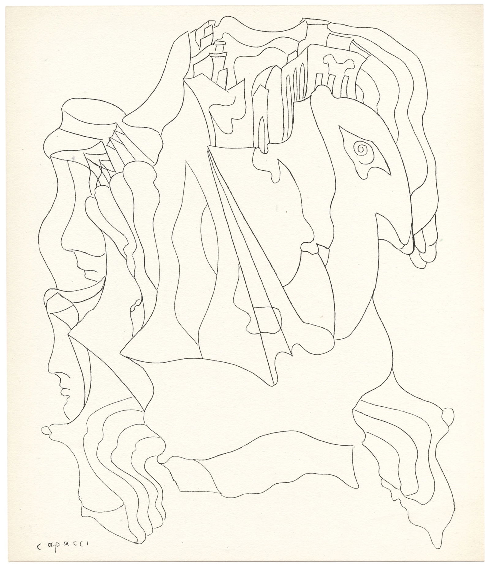 Bruno Capacci original lithograph: Medium: original lithograph. Printed in Paris by Mourlot and published by Pierre à Feu and Maeght Editeur for the Marcel Duchamp / André Breton project Surréalisme en 1947. Issued in a limited edit