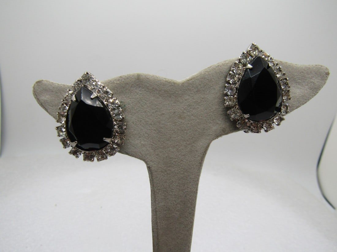Vintage Black & Clear Rhinestone Earrings, Clip, 1980's (1 of 6)