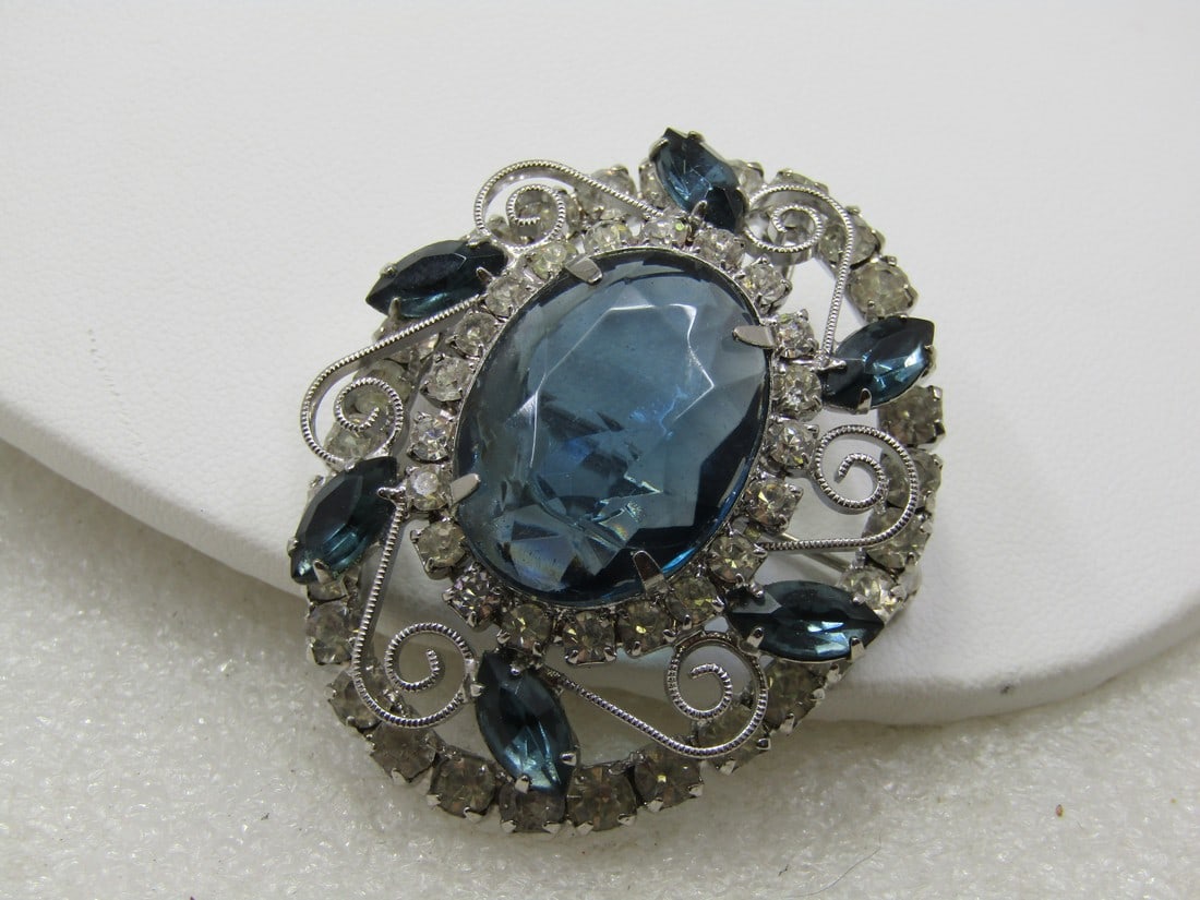 Vintage Blue & Clear Rhinestone Scrolled Brooch/Pendant, 1970's-1980's, (1 of 6)