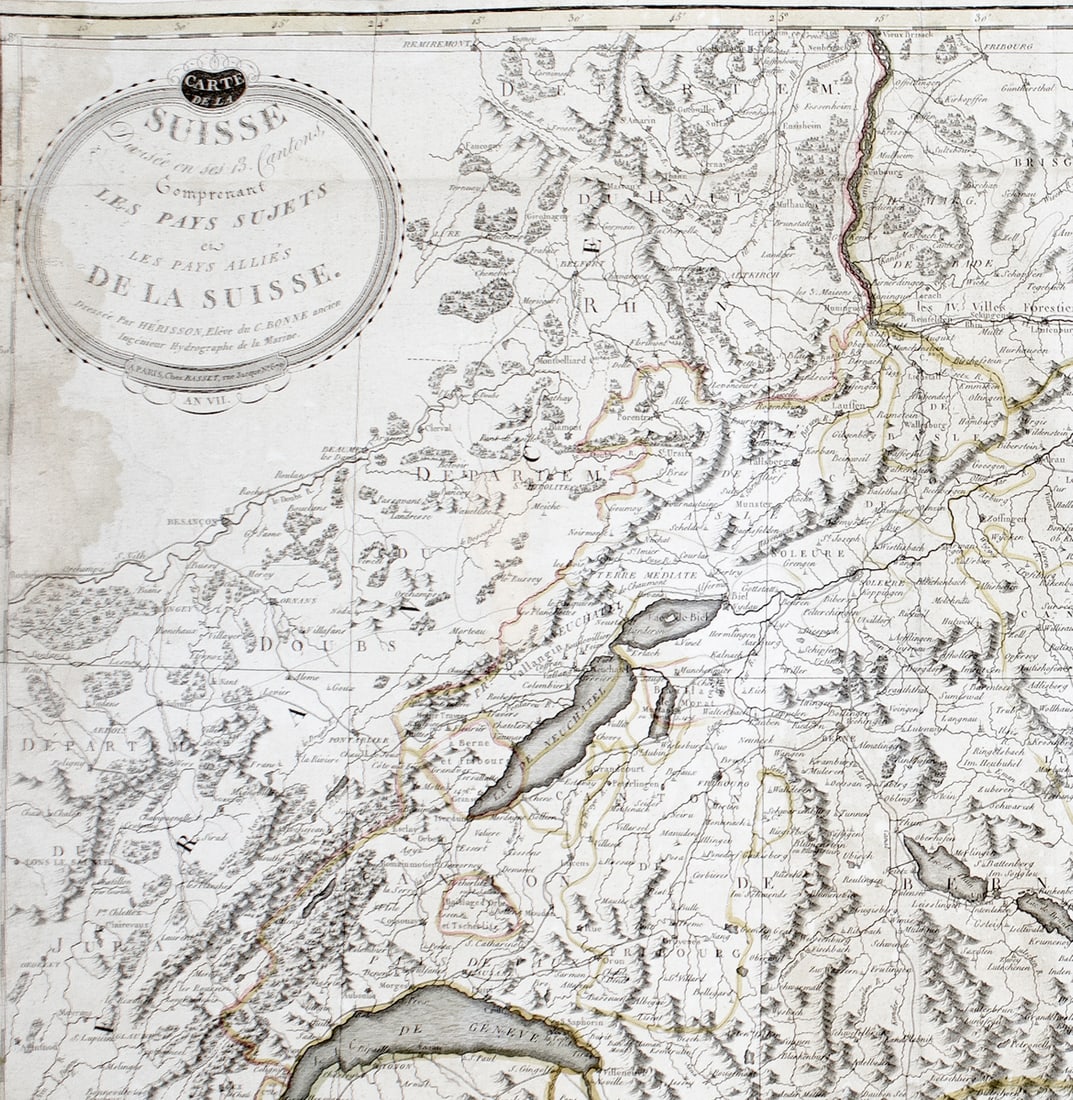 Large Topographic Engraving Antique French map of SWITZERLAND 1796 HERISSON (1 of 2)