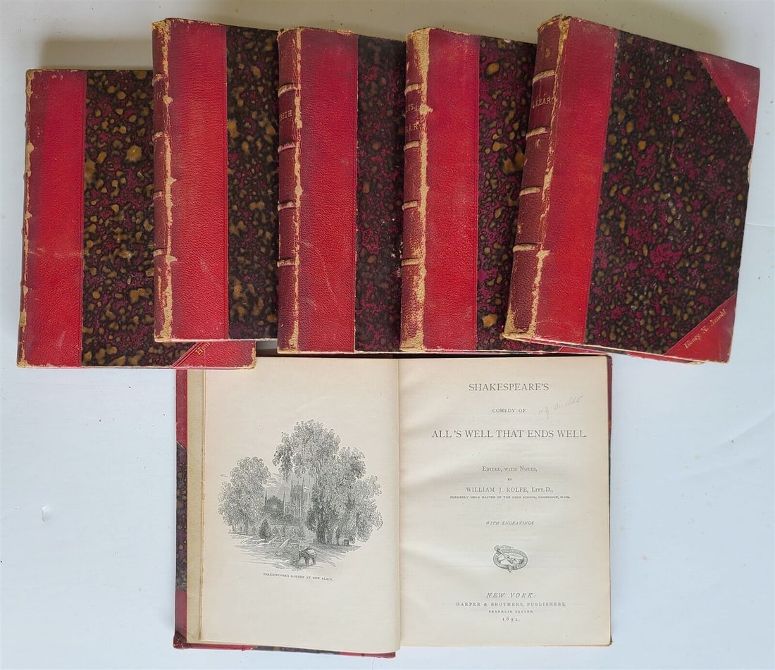 1894-95 SHAKSPEARE WORKS 6 VOLUMES antique: SHAKSPEARE 6 volumes New York; 1894 3/4 red morocco over marbled boards With original owner's name embossed in gold in the lover right corner of the front covers : Henry N. Arnold Very good interior, 