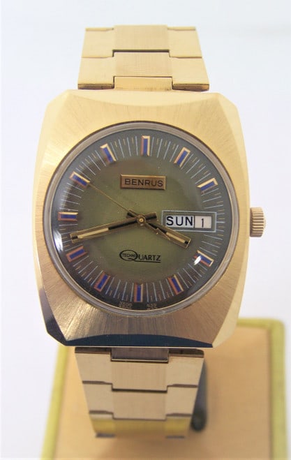 NOS Vintage 14k GP BENRUS TECHNI QUARTZ DAY DATE Watch c 1970s MINT (1 of 10)