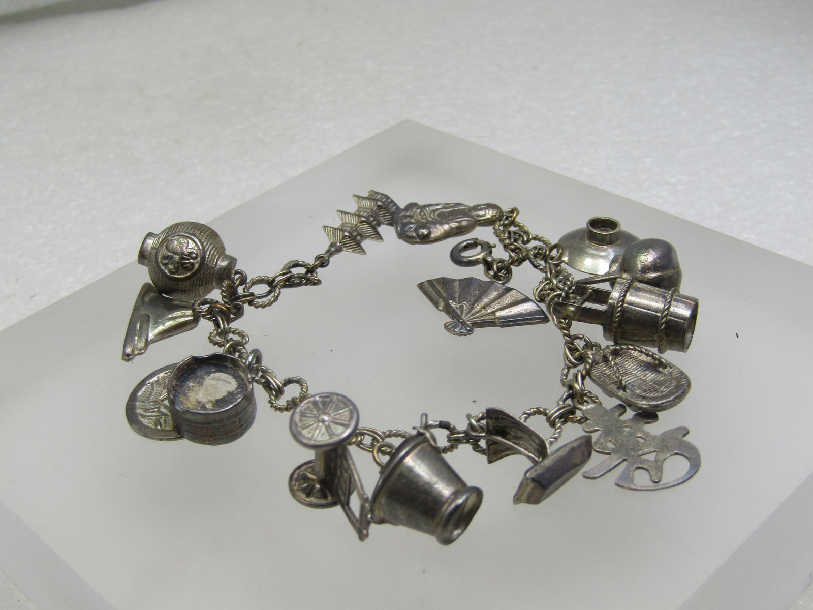 Vintage Sterling Japanese Charm Bracelet, 7", 1950's, 15 Charms, Original Box, Sakai Silver  Smiths (1 of 9)