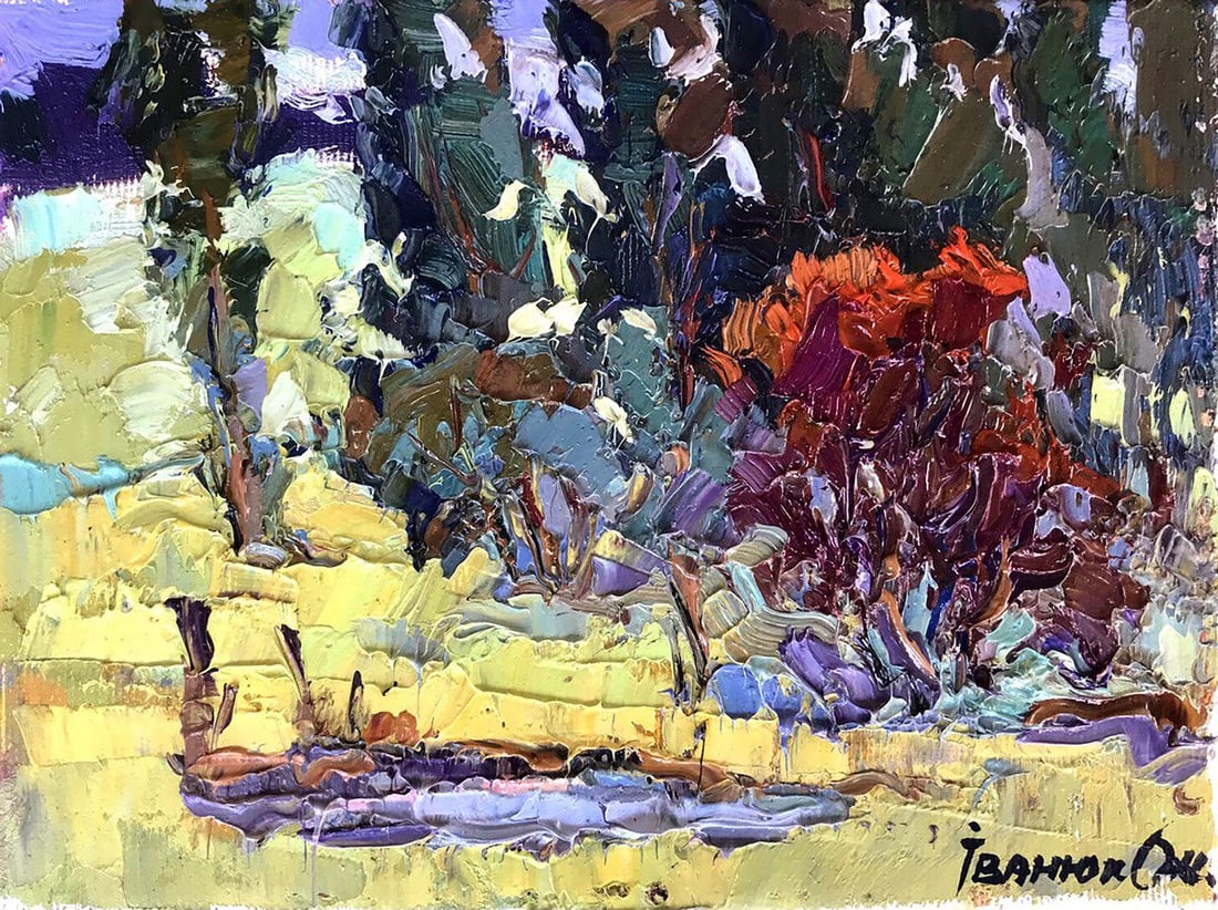 Oil painting Viburnum bush Kalenyuk Oksana: Kalen 1126 "Viburnum Bush" is a mesmerizing oil painting that captures the essence of a tranquil landscape in vivid detail and vibrant colors. This masterpiece transports viewers to a serene countrysi