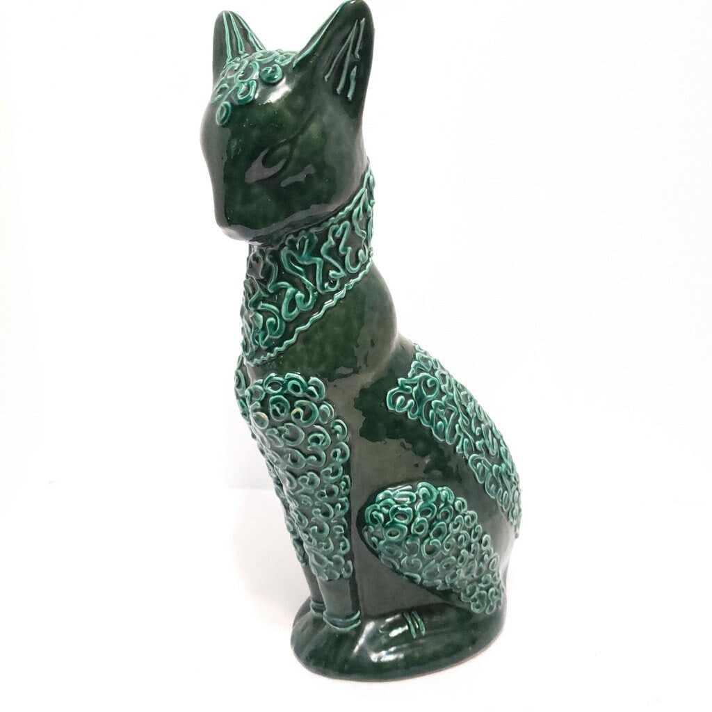 Mid Century Italian Cat Art Pottery Spaghetti Abyssinian Siamese Signed Italy 9286 Green (1 of 7)