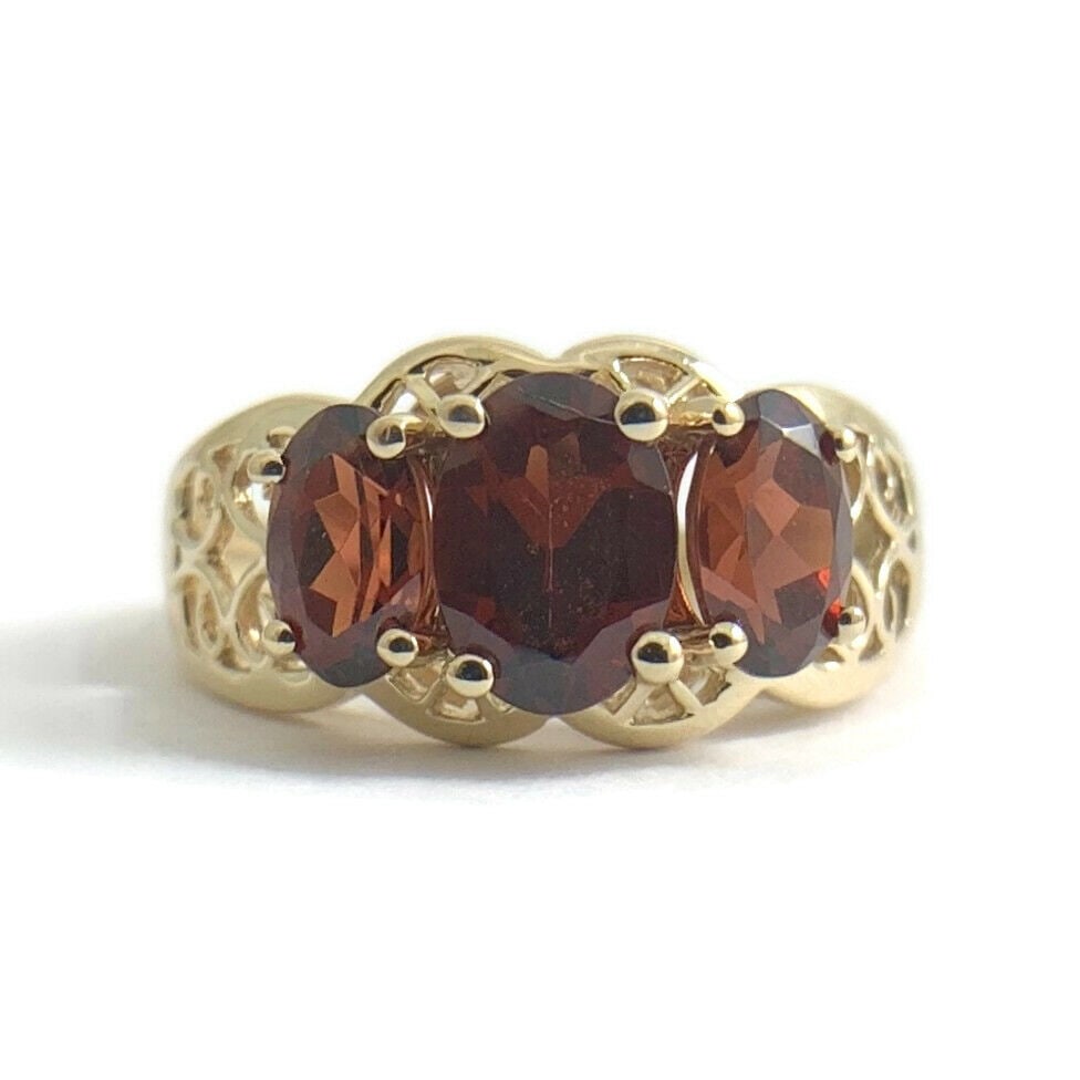3-Stone Oval Garnet Gemstone Filigree Statement Ring 14K Yellow Gold, 3.28 Grams (1 of 9)