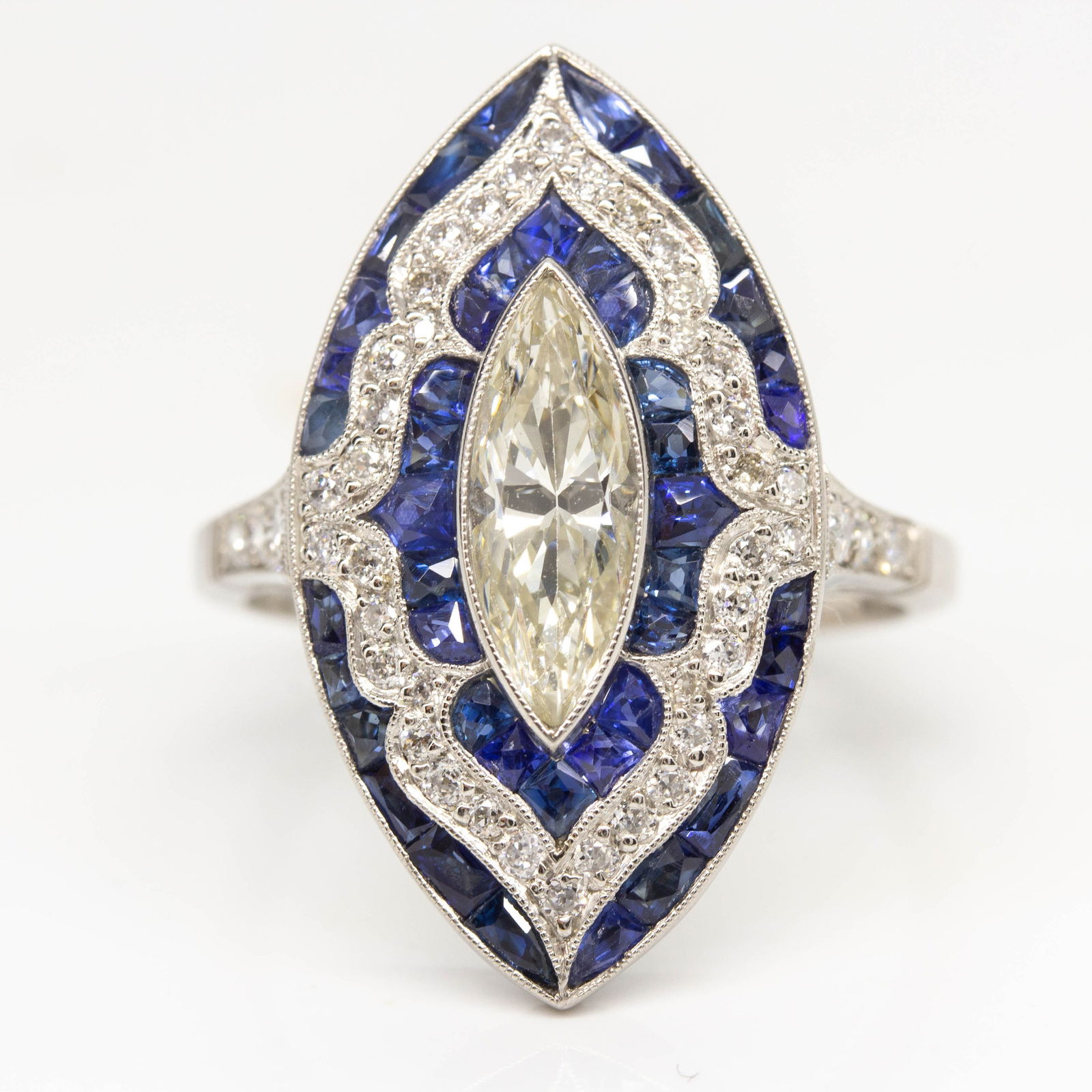 Art Deco Inspired Antique Marquise Diamond and Natural French cut Sapphire Engagement Ring (1 of 7)
