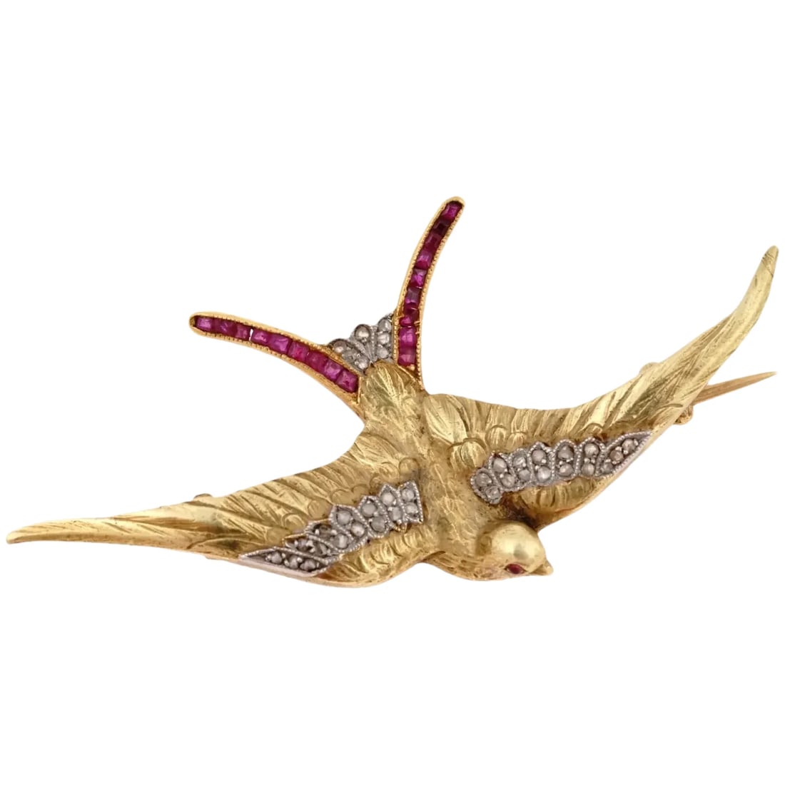Victorian 18K Gold Diamond Ruby Swallow Bird Pin (1 of 7)