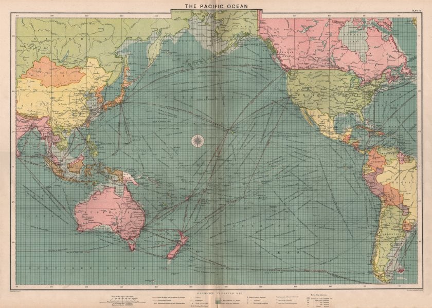 Pacific Ocean sea chart. Ports lighthouses mail routes dockyards LARGE 1918 map: TITLE/CONTENT OF MAP: 'The Pacific Ocean' DATE PRINTED: 1918 IMAGE SIZE: Approx 49.0 x 69.0cm, 19.25 x 27.25 inches (Large); Please note that this is a folding map. TYPE: Antique colour maritime map c