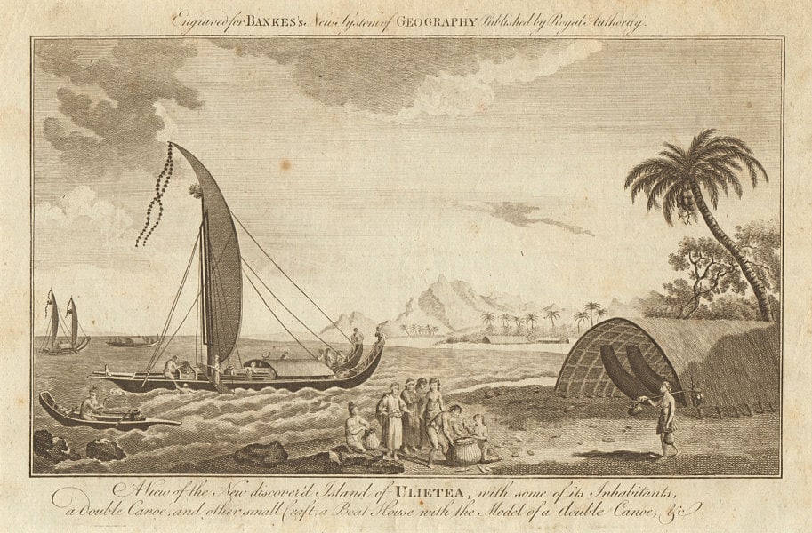 Island of Ulietea. Inhabitants canoe boat house. Raiatea, Polynesia. BANKES 1789: CAPTION PRINTED BELOW PICTURE: 'A view of the new discover'd island of Ulietea, with some of its inhabitants, a double canoe, and other small craft, a boat house with the model of a double canoe, & c'