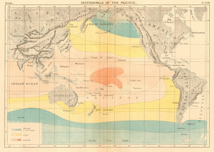 Isothermals of the Pacific Ocean 1886 old antique vintage map plan chart: TITLE/CONTENT OF MAP: 'Isothermals of the Pacific' DATE PRINTED: 1886 IMAGE SIZE: Approx 19.0 x 26.5cm, 7.5 x 10.5 inches (Medium); Please note that this is a folding map. TYPE: Antique engraved colou