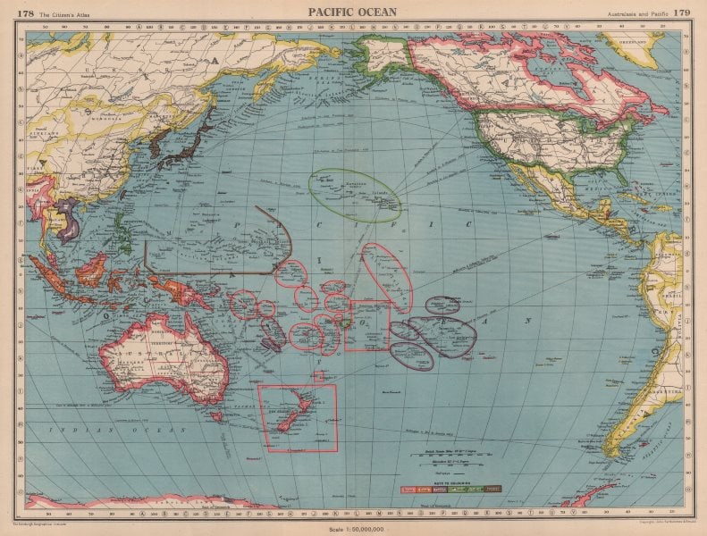 PACIFIC OCEAN showing Japanese occupied Micronesia. Palau Marianas &c 1944 map: TITLE/CONTENT OF MAP: 'Pacific Ocean' This map was printed in an atlas that was published during the Second World War. Many of the maps show the advance of the Axis powers including the domination of 