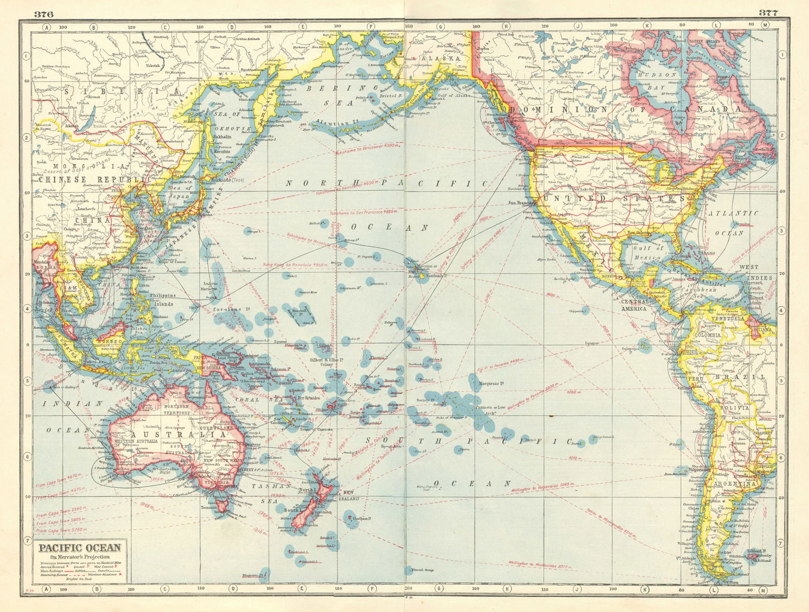 PACIFIC OCEAN. Mercator Projection. Railways cables steamship routes 1920 map (1 of 1)