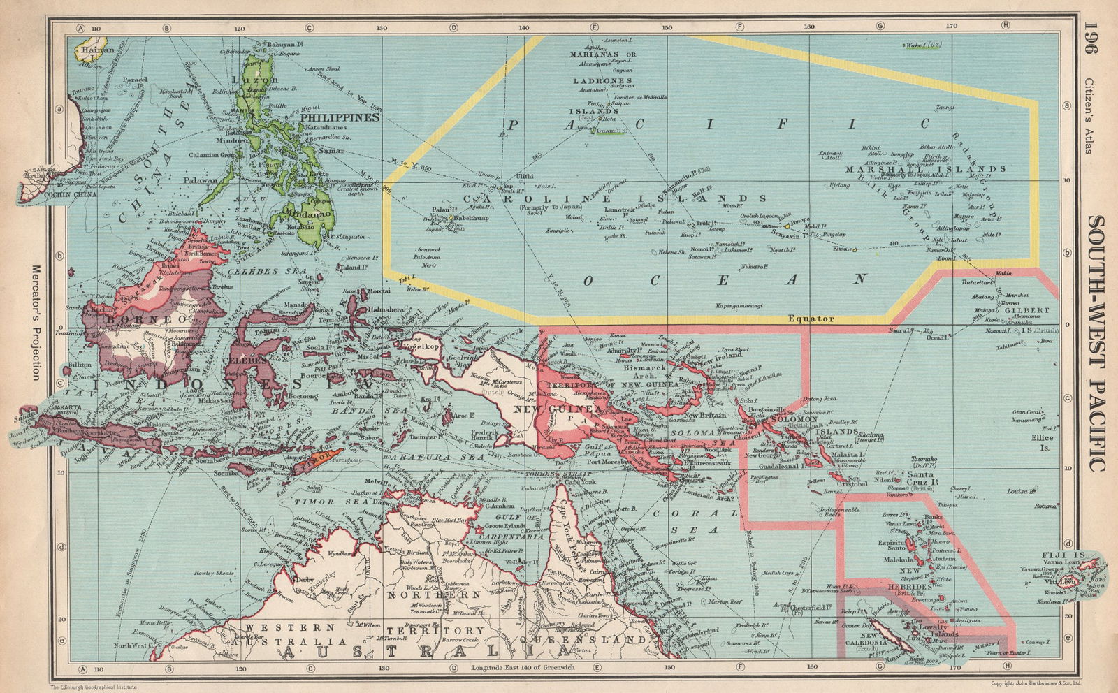 SOUTH-WEST PACIFIC. Melanesia Micronesia Indonesia Philippines 1952 old map (1 of 1)
