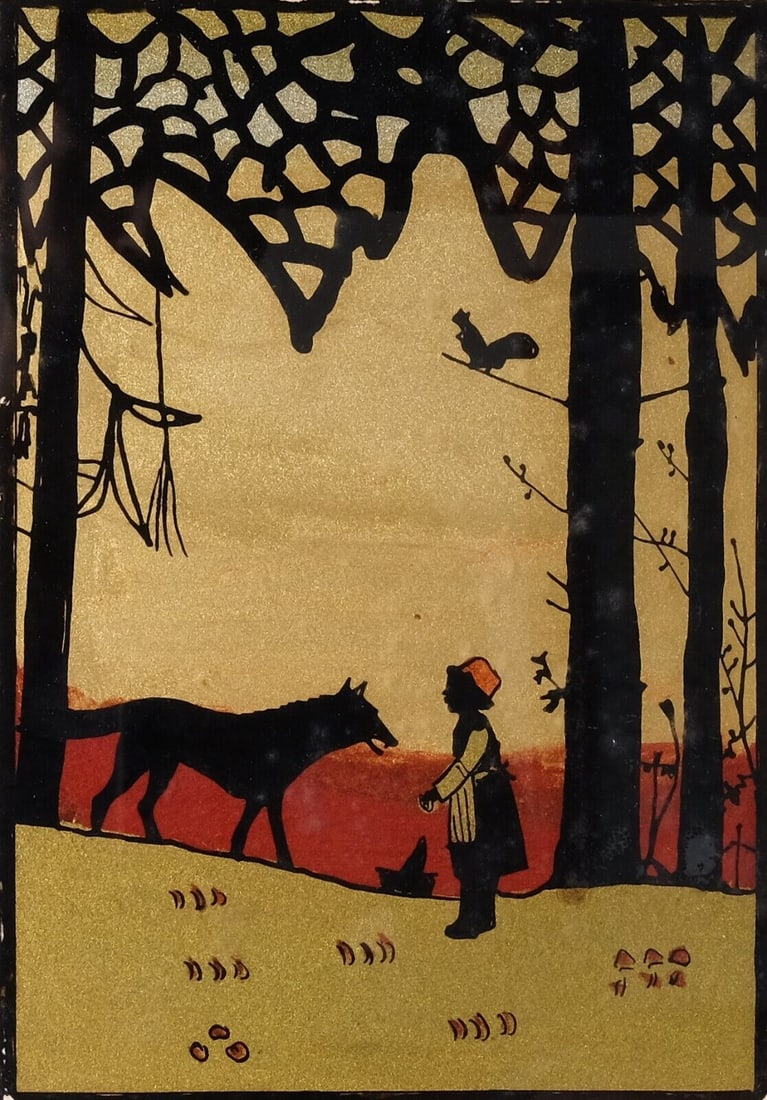 Vintage Antique Oil Painting Pierre and the Wolf, Landscape Illustration (1 of 3)