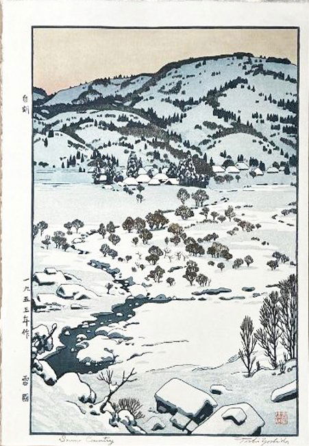 Toshi Yoshida (1911-1995): Snow Country: ARTIST/TITLE: Toshi Yoshida (1911-1995): Snow Country MEDIUM: Woodblock SIZE: The print image measures 9 5/8 X 14 5/8 inches plus margins EDITION: Posthumous CONDITION: The print is in excellent, neve