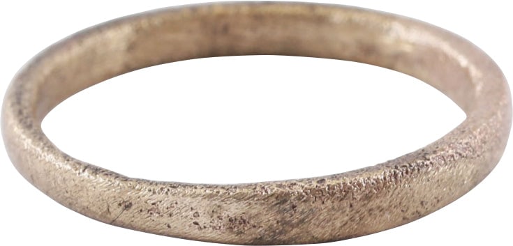 VIKING WOMAN’S WEDDING RING, 850-1050 AD: Silvered bronze, size 3 3/4 for wear between the first two joints of the small finger as was the custom. 2.1mm rounded face band. Crisp with surface texture from burial. Professionally refurbished wit