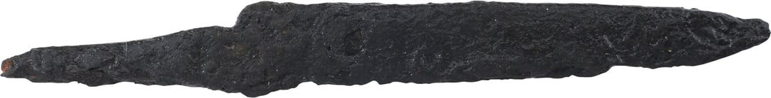 VIKING POUCH KNIFE, 9th-11th CENTURY: Just over 2 3/4” total length. Wedge section blade for slashing with a slightly dropped point in the scramasax style for thrusting. Whittle tang, to secure it to the wood, bone, or antler grip, 