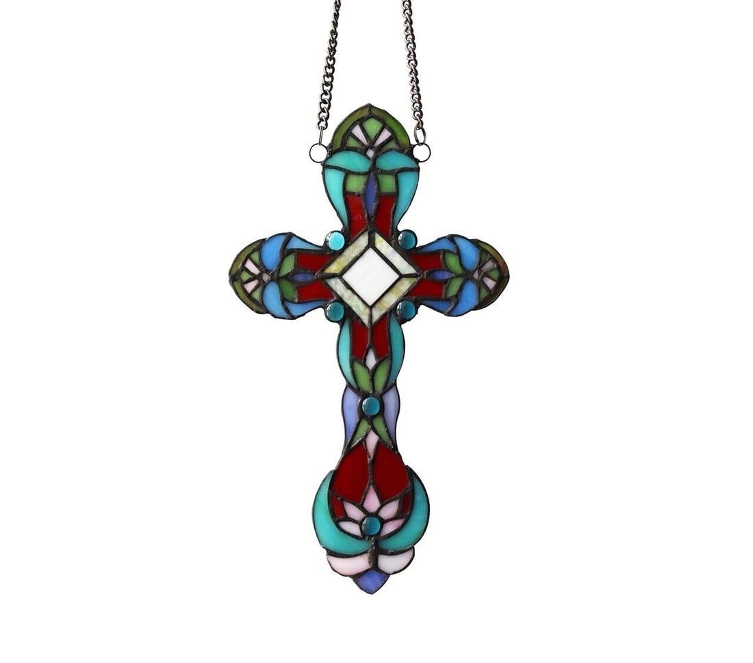 13.2" Stained Glass Cross Window Hanging Panel Suncatcher: 7 1/2" x 3" Beautiful reproduction handmade cross design, handcrafted with tiffany-stained glass. The hand crafted Tiffany panel is made up of 79 pieces of hand cut, stained art glass and 6 glass bead