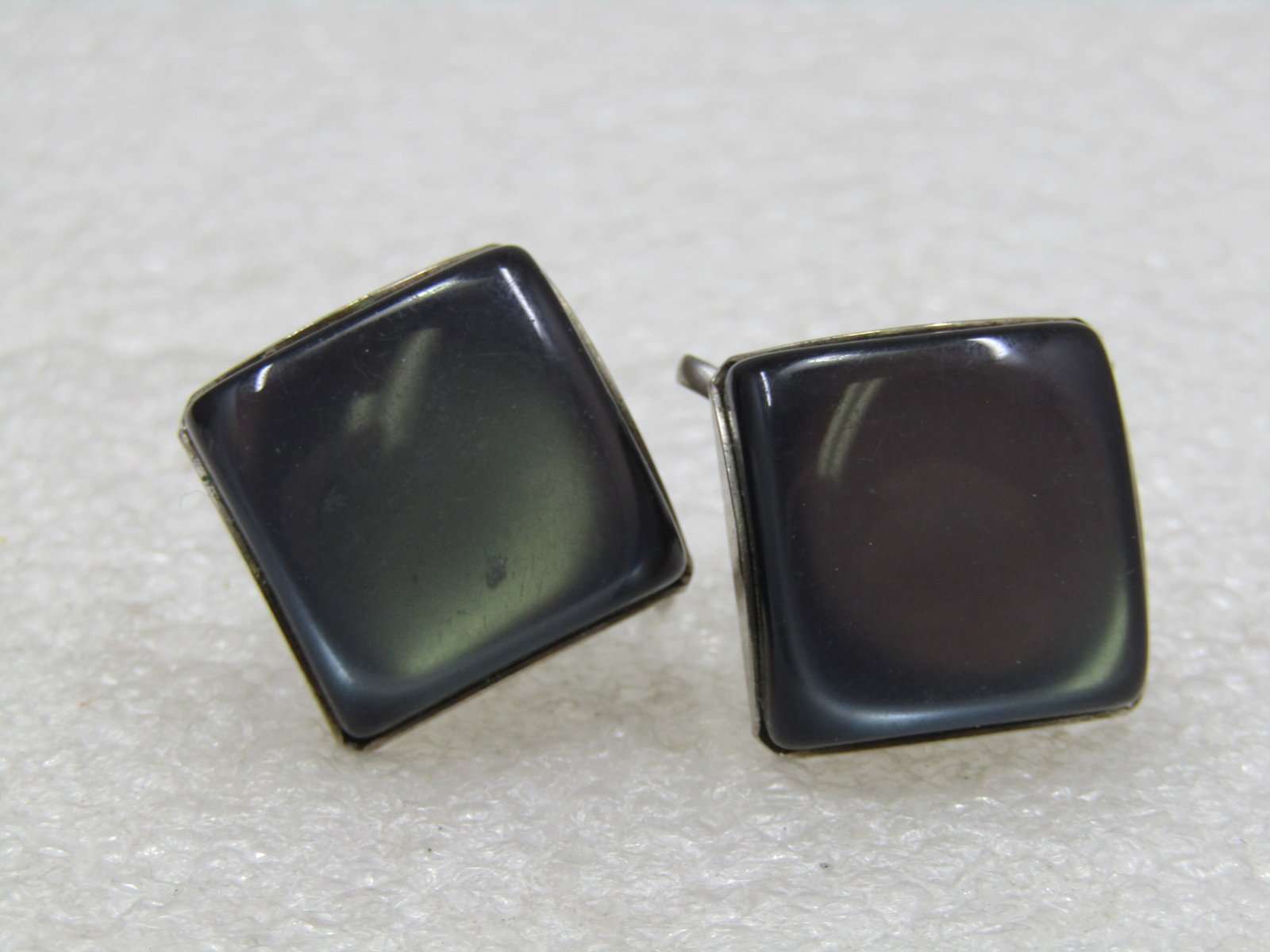 Vintage Charcoal Moonglow Earrings, Screw Back - 1950's-1960's: Vintage Charcoal Moonglow Earrings, Screw Back - 1950's-1960's, Silver Tone, just short of 3/4" square with a curved bezel. Very good condition. Not signed by the maker. (INV. w.21414.4 SS5290 * LD 8/