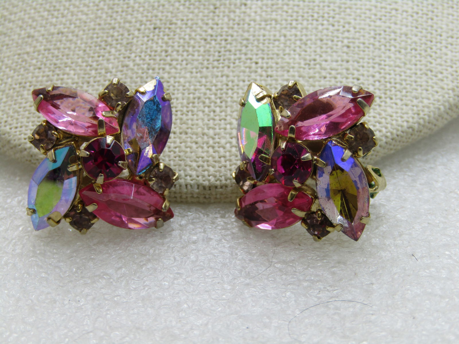 Vintage Pink Purple AB Rhinestone Earrings, Clip, 1960's (1 of 6)