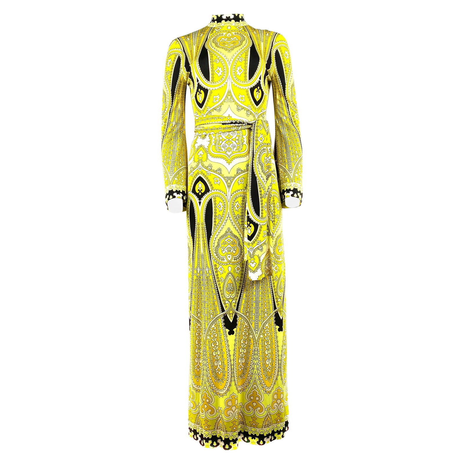 Vintage LEONARD Yellow and Black Print Turtleneck Maxi Dress w/ Belt Size 3 (1 of 20)