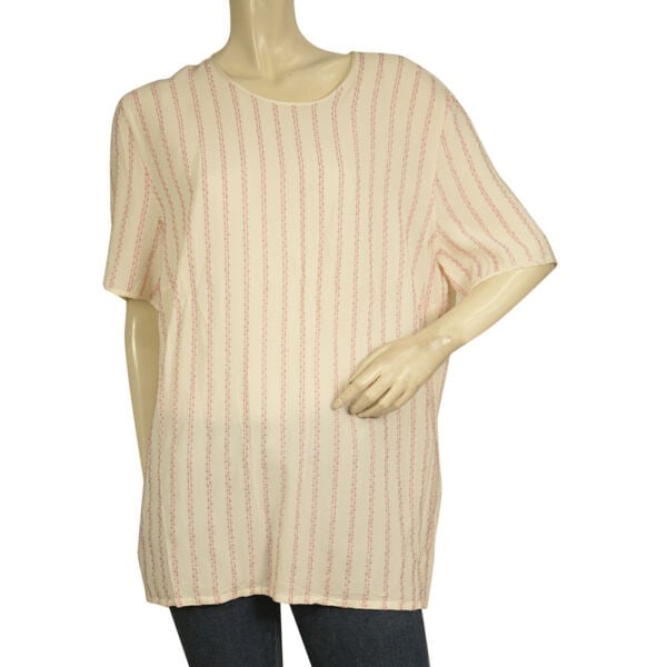 Escada Silk Cream with Pink Beaded Stripes Tunic Blouse Top Size 44: Escada Silk Cream with Pink Beaded Stripes Tunic Blouse Top Size 44 A beautiful silk tunic from ESCADA in cream with pink beaded stripes !!This elegant top features round neckline with button at the b