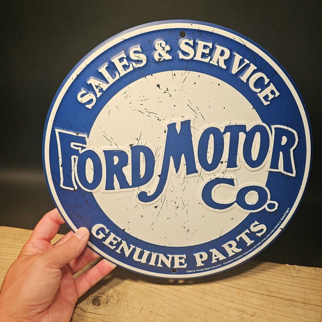 Round Metal Ford Sign Plaque: 11 7/8" wide round Wonderful reproduction plaque or sign. Good detail metal and slightly aged to look like an antique. Certainly hard to tell its age. Reserve: $18.00 Shipping: Domestic: Flat-rate of 