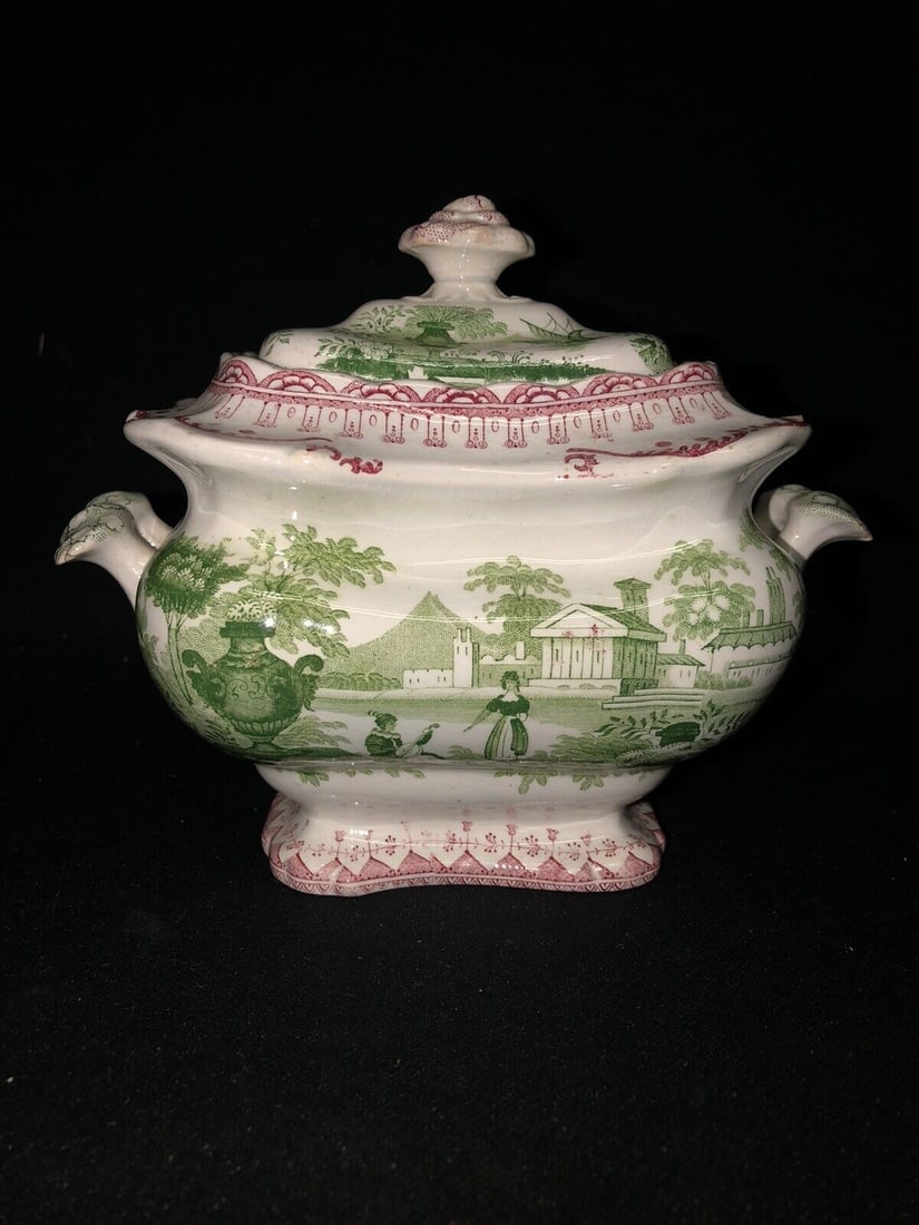 canova staffordshire 2 color sugar bowl: It measures 7” x 4 1/2” x 5 1/2” and is marked. It has several small flakes on each handle and a small flaw from when it was fired. Otherwise it has no other issues. It is an odd col