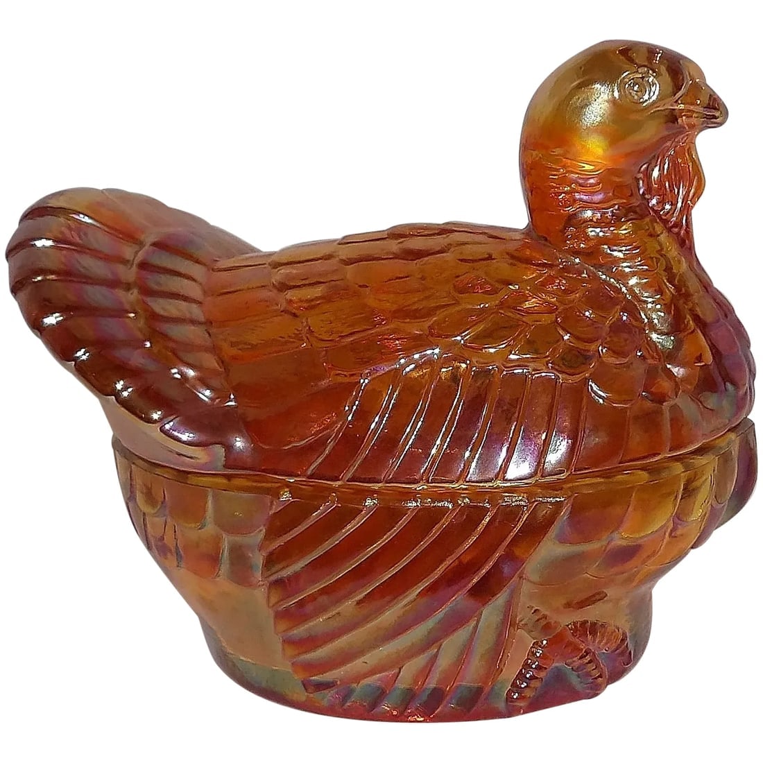 Vintage Rubigold Carnival Glass Turkey on Nest by Imperial Glass: This Vintage Rubigold Carnival Glass Turkey on Nest by Imperial Glass is in near MINT condition. No visible problems of any kind. Marked with the Imperial Glass IG on the top piece and bottom piece. T
