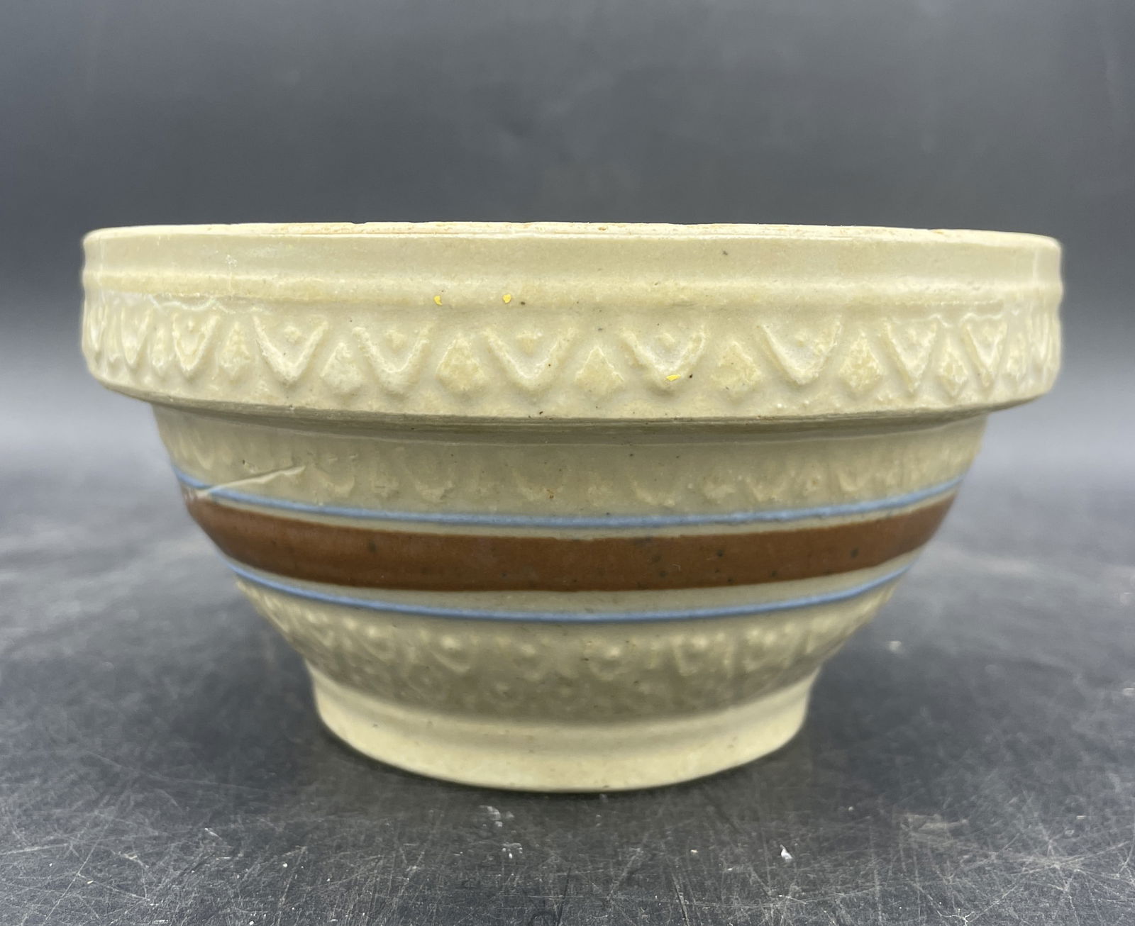 RRP Robinson Ransbottom Rare 5" Yellow Ware Bowl Blue & Brown Bands Crown Mark (1 of 8)