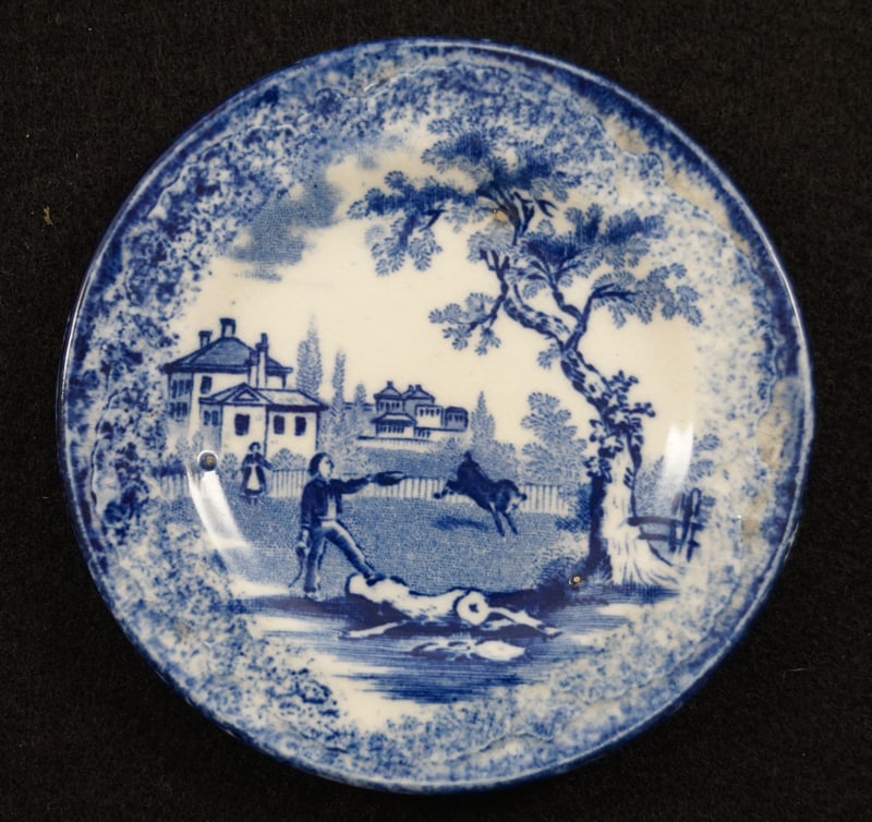 Child’s China Blue Plate Dickens Humphrey’s Clock: Title: Child’s China Blue Plate Dickens Humphrey’s Clock Dimension: 4” diameter. Date: Ca. 1894-1902 Additional Information: Antique Children’s China Blue Plate by Ridgway (Wil