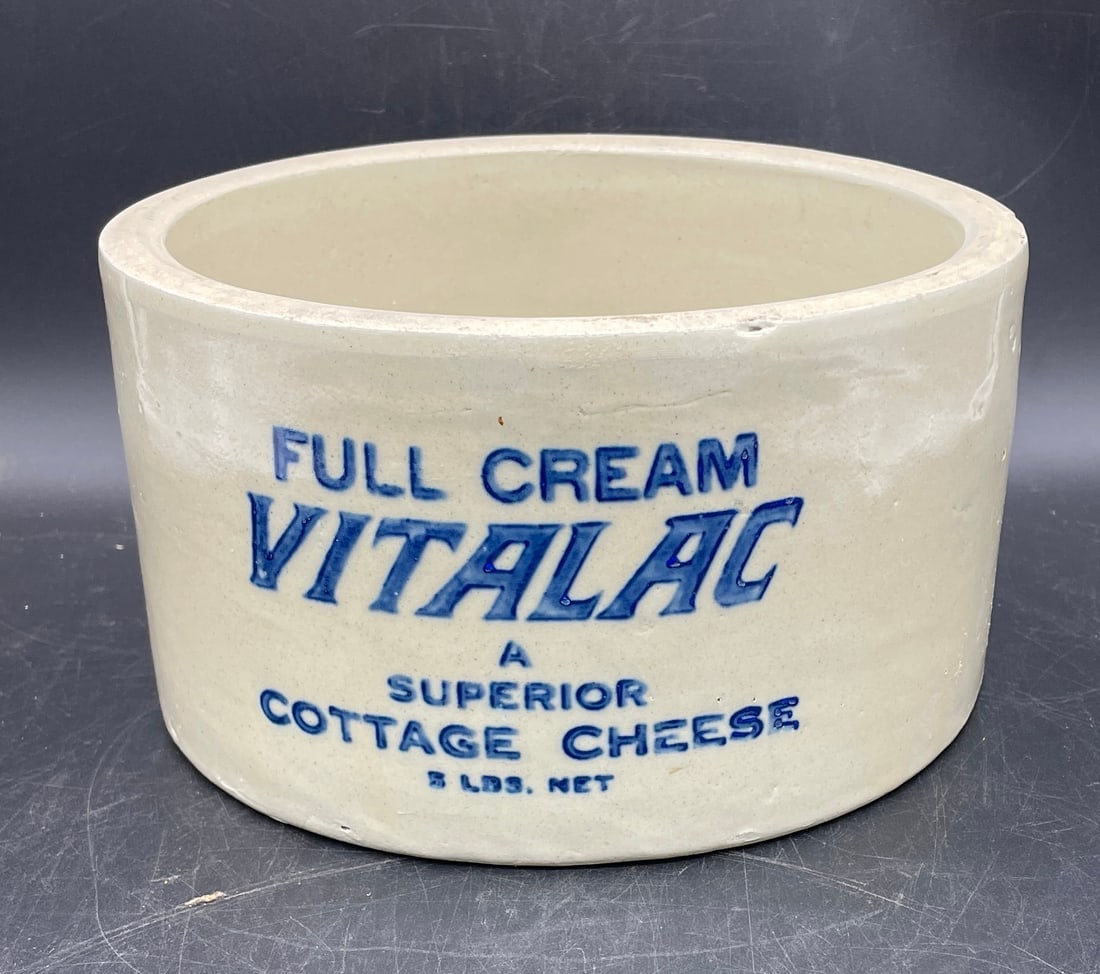 RARE ANTIQUE VITALAC A SUPERIOR COTTAGE CHEESE 5 LB STONEWARE CROCK JAR (1 of 8)