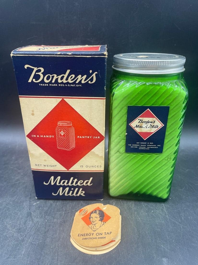 1930'S BORDEN'S MALTED MILK GREEN OWENS JAR IN ORIGINAL BOX (1 of 8)