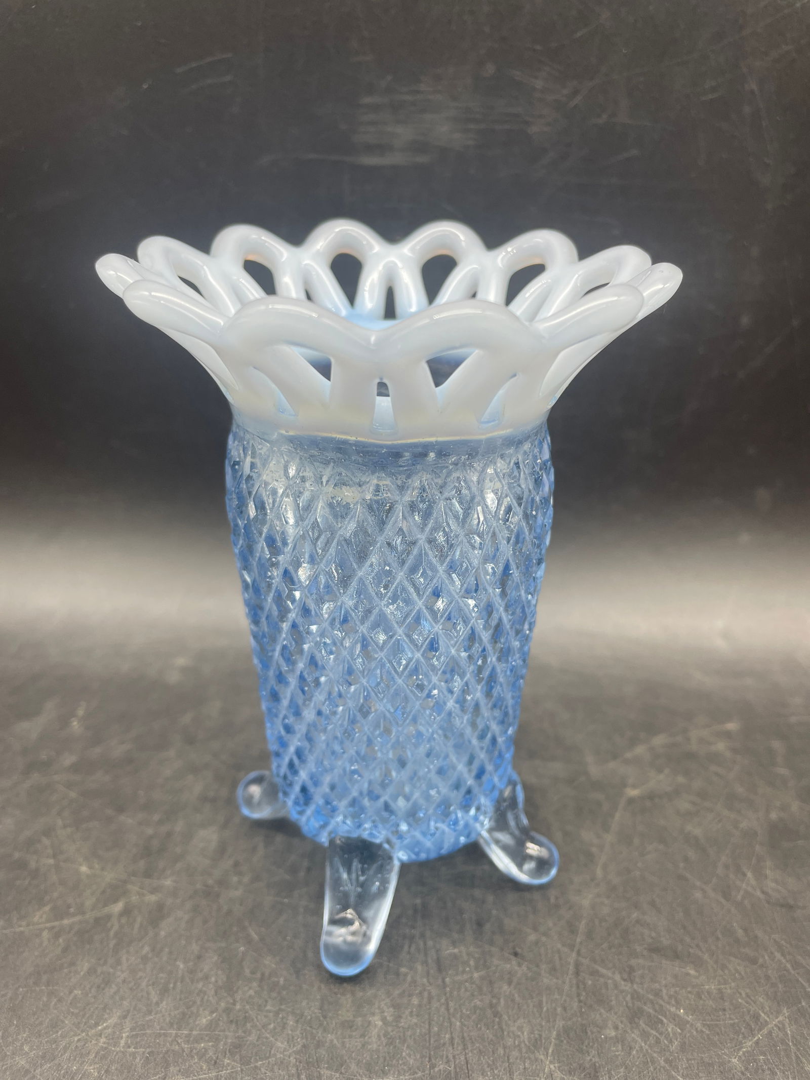 VTG IMPERIAL GLASS LACED EDGE DIAMOND POINT FOOTED VASE, KATY BLUE OPALESCENT (1 of 8)