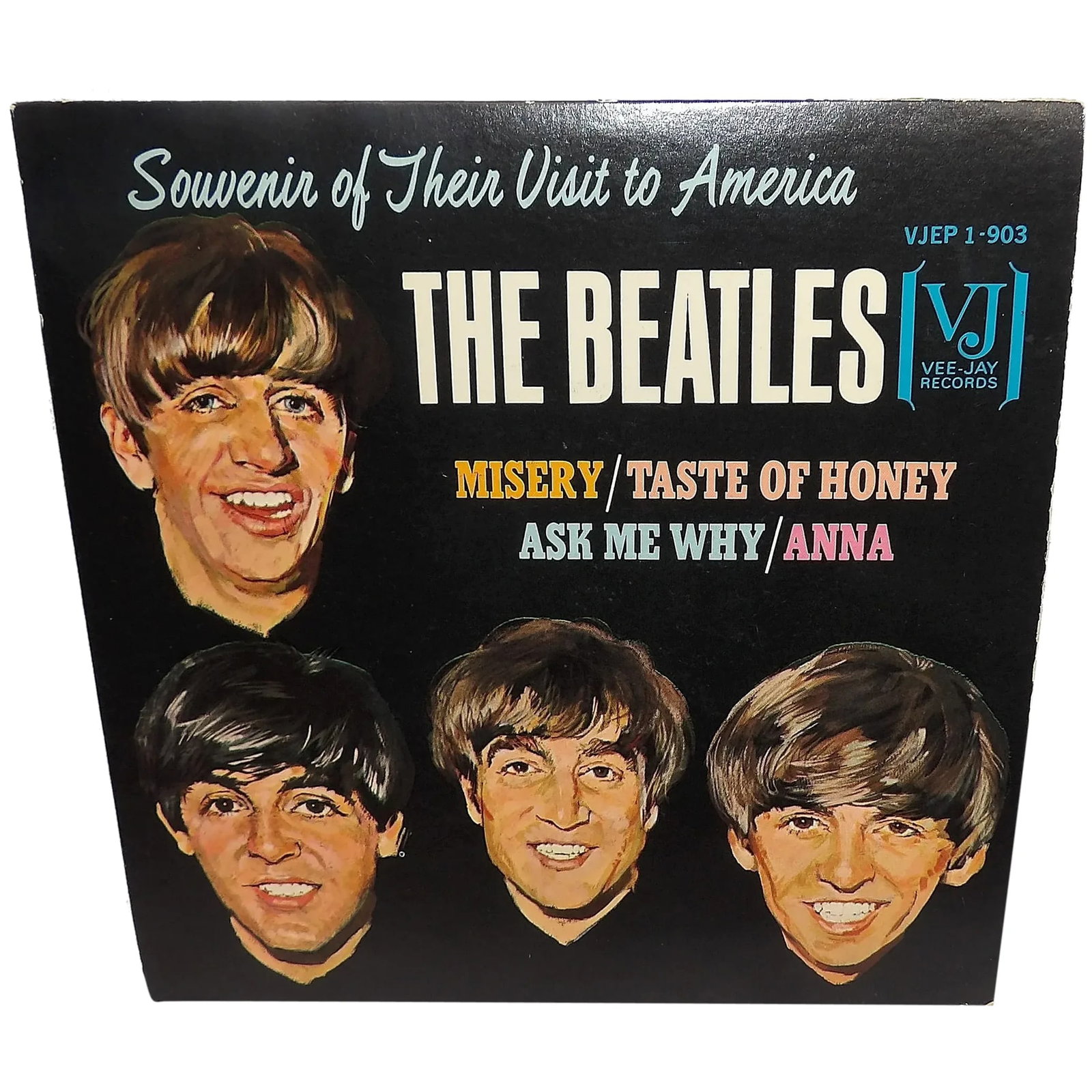 The Beatles 'Souvenir of Their Visit to America' 1964 EP 7" Vinyl Record: The Beatles 'Souvenir of Their Visit to America' 1964 EP 7" Vinyl Record was produced by VJ (Vee Jay) Records. Side one includes the songs Misery and Taste of Honey. Side 2 includes the songs Ask Me W