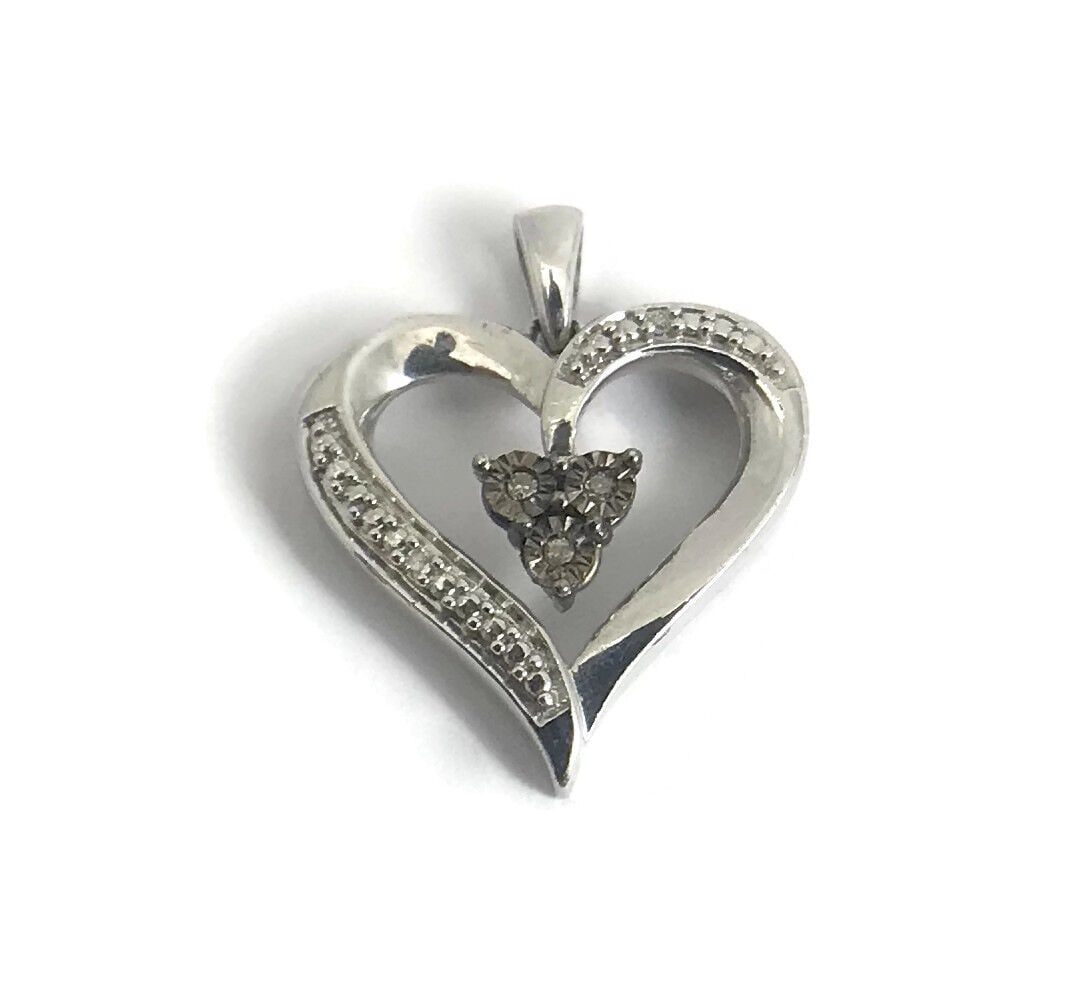 Vintage Diamond Open Heart Necklace Pendant Charm 925 Sterling