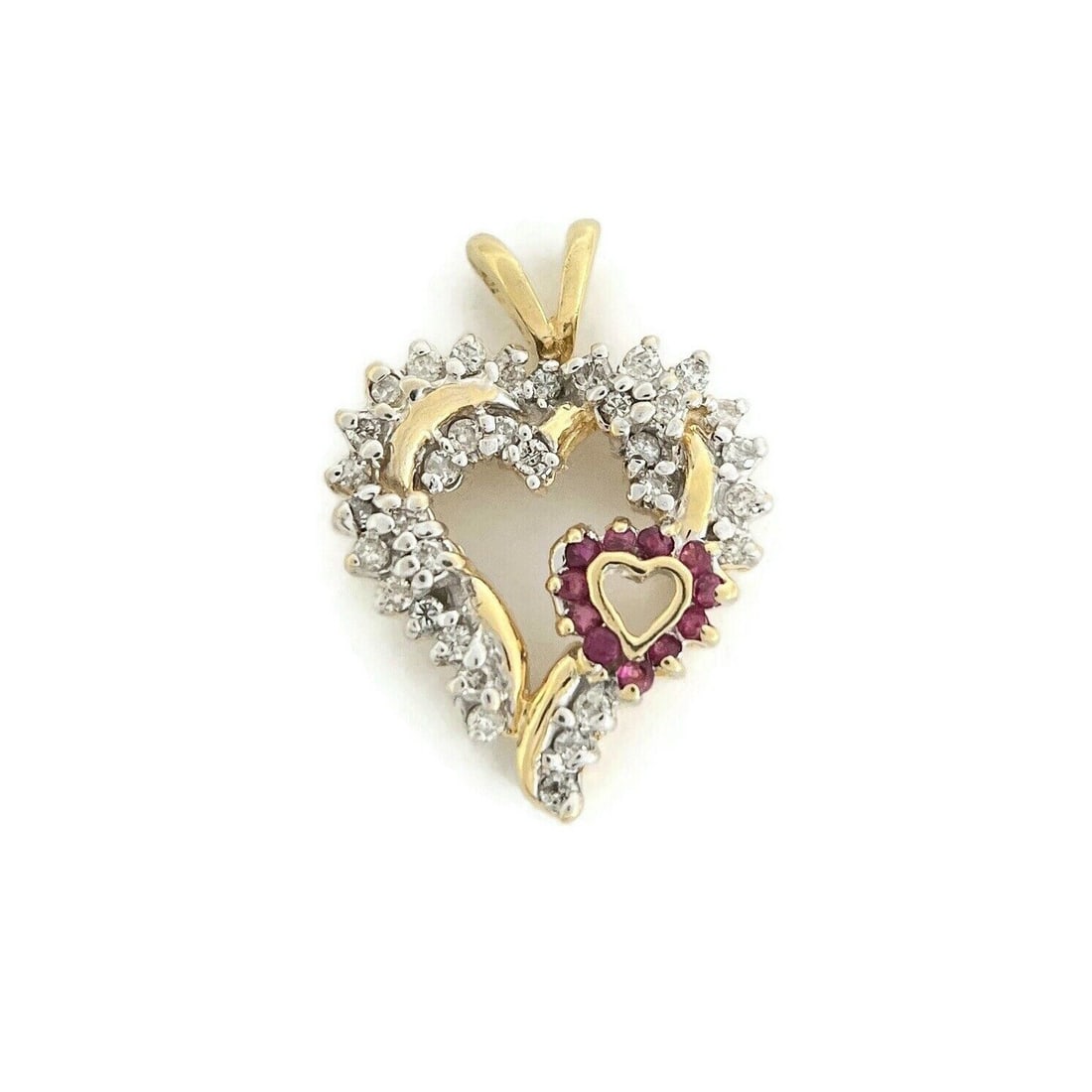 Vintage Diamond Ruby Cluster Heart Necklace Pendant 14K Yellow Gold, 4.40 Grams (1 of 6)