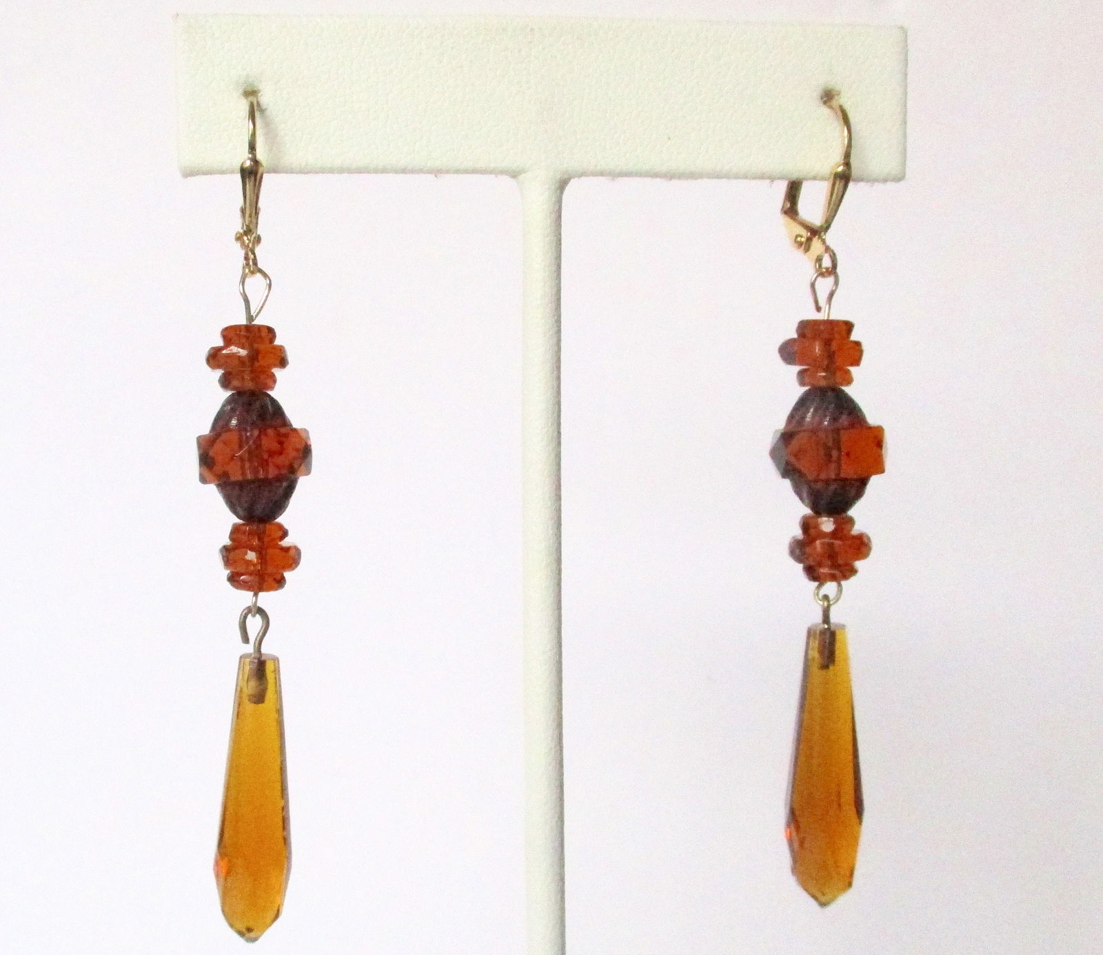 Pair of Antique Art-Deco Faceted Amber Crystal 3-Inch Earrings (1 of 4)