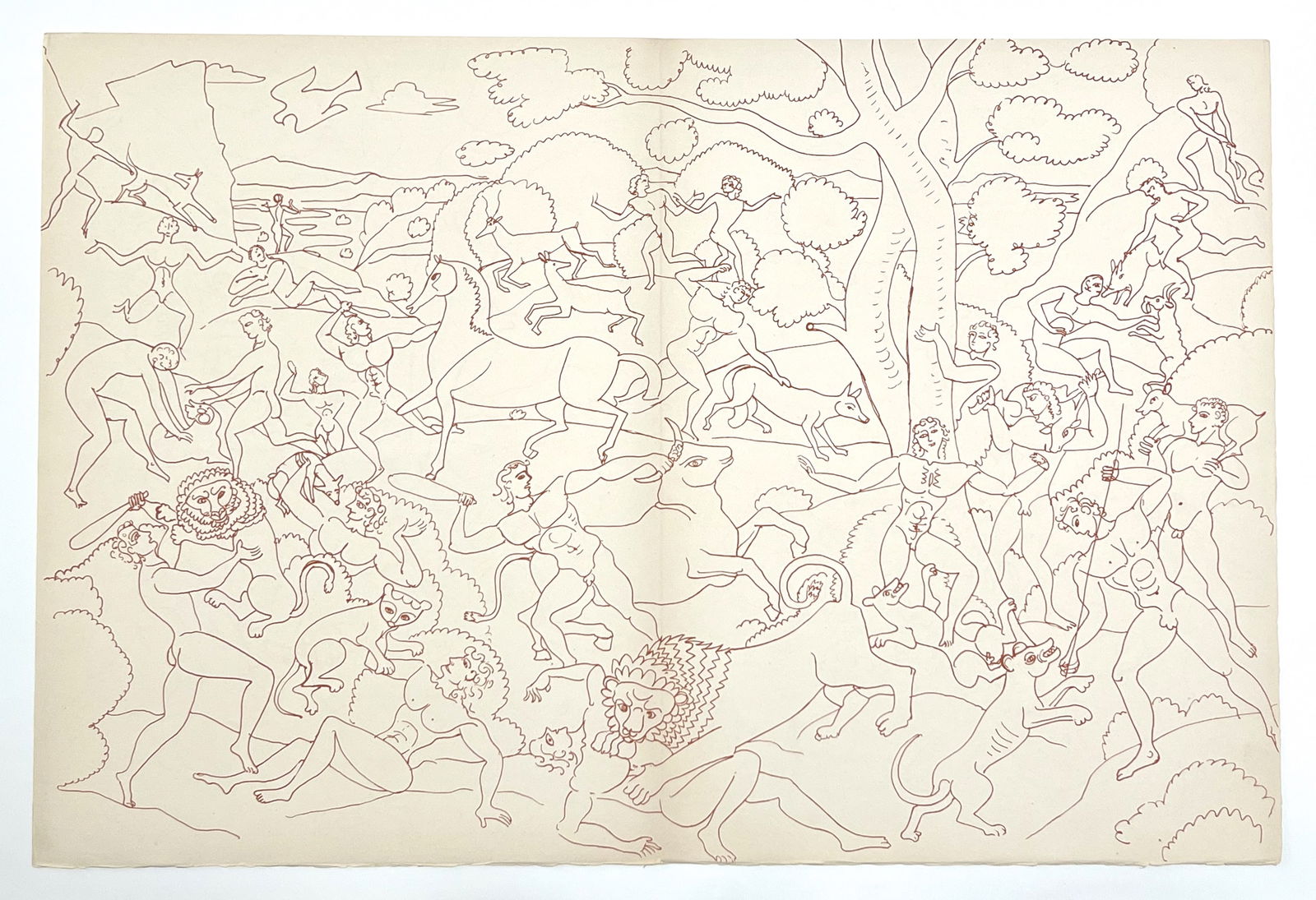 Andre Derain large lithograph, 1947: Medium: lithograph (after the tapisserie). This impression in sanguine ink was printed on Arches paper in 1947 at the atelier of Mourlot Frères and published by Georges Duval in an edition of 270