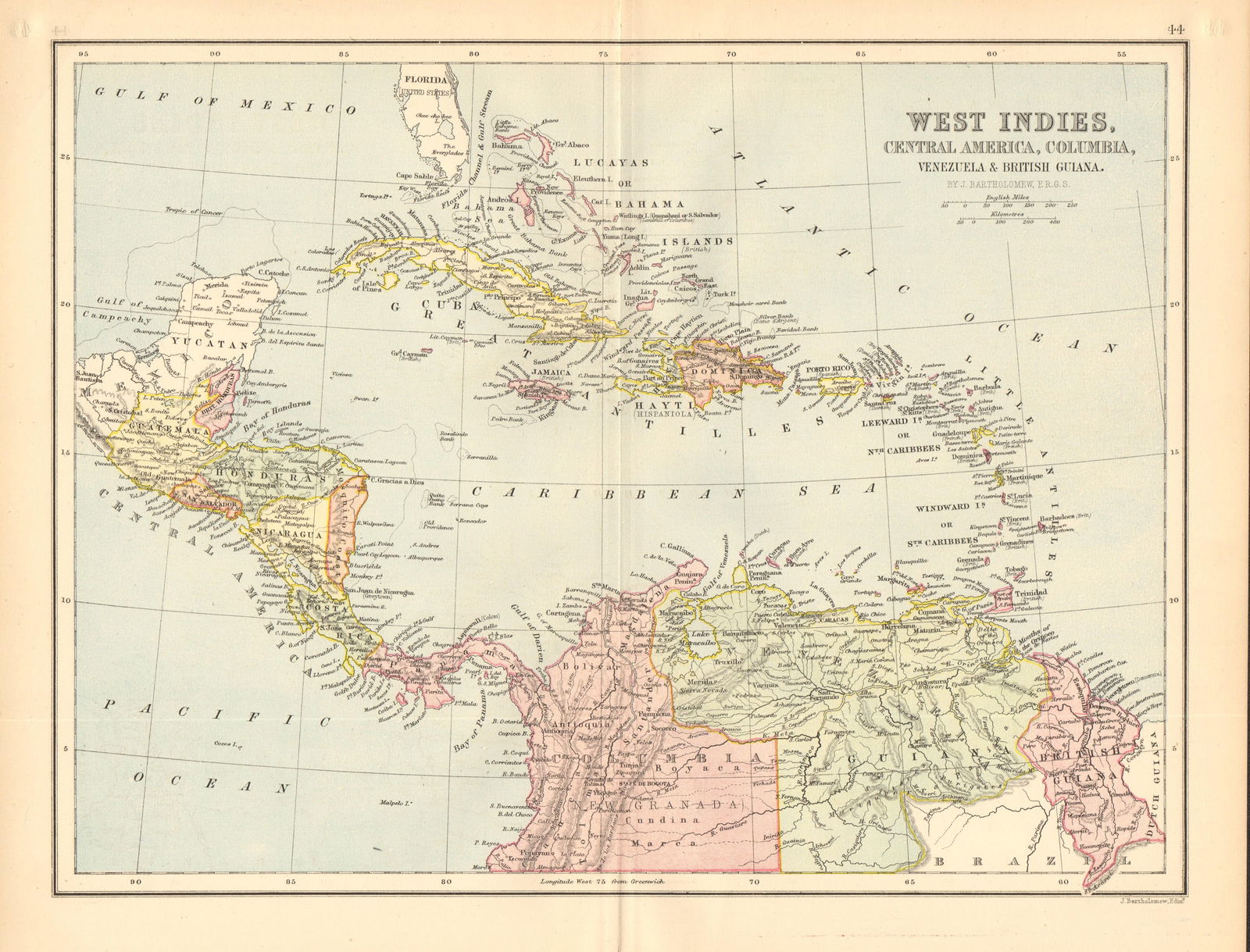 CARIBBEAN. West Indies Cent. America Columbia Venezuela British Guiana 1876 map (1 of 1)