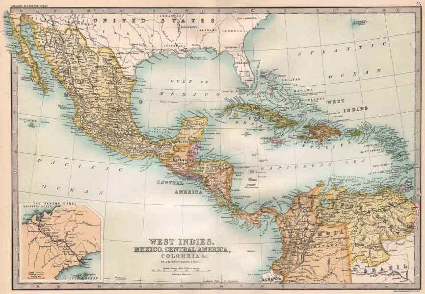 CENTRAL AMERICA & CARIBBEAN. West Indies Mexico &c. Inset Panama Canal 1890 map (1 of 1)