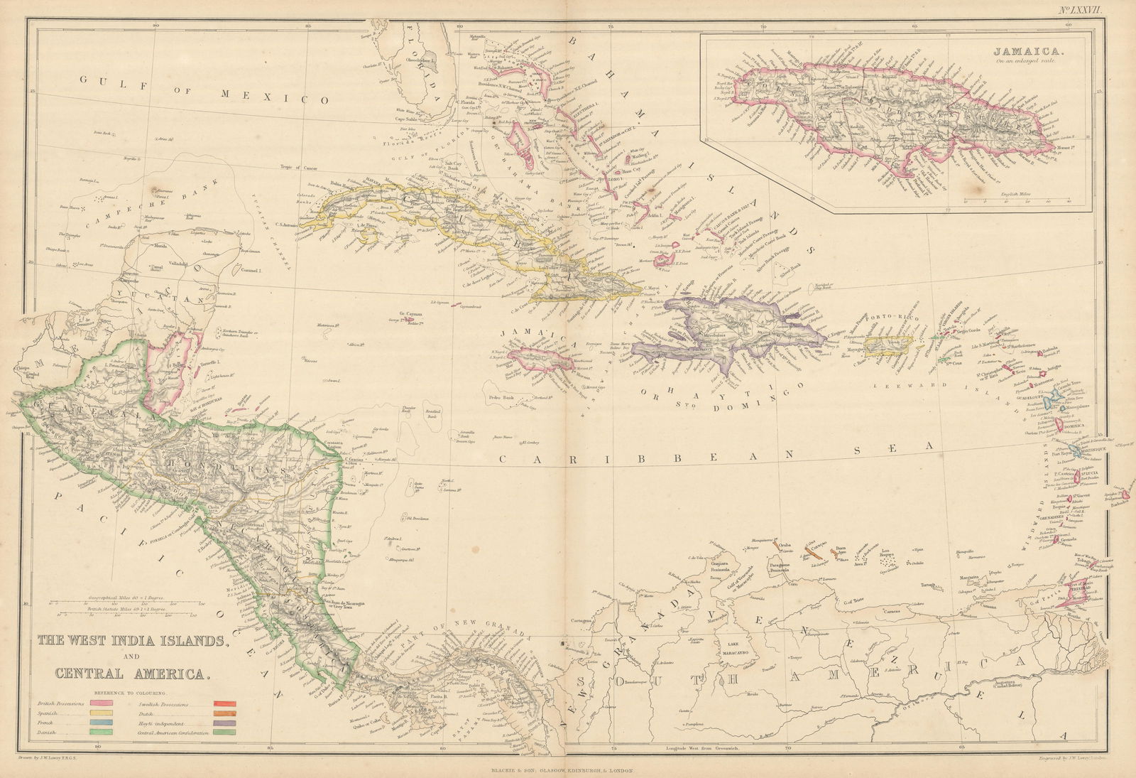 The West Indies and Central America. Jamaica & Caribbean. LOWRY 1860 old map (1 of 1)