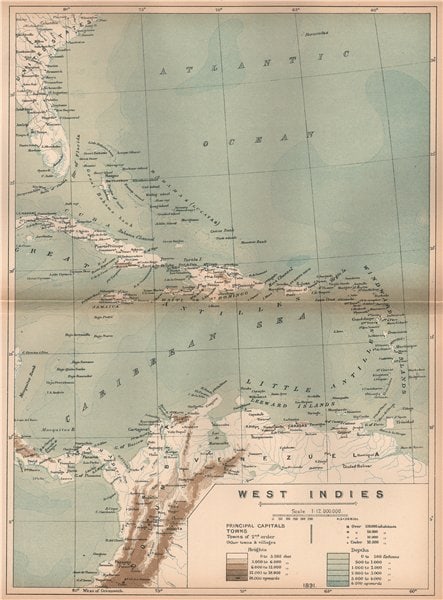 West Indies. Caribbean. The American Mediterranean 1885 old antique map chart: TITLE/CONTENT OF MAP: 'West Indies' DATE PRINTED: 1885 IMAGE SIZE: Approx 33.0 x 24.5cm, 13 x 9.5 inches (Large); Please note that this is a folding map. TYPE: Antique colour map; Scale 1:12,000,000 C