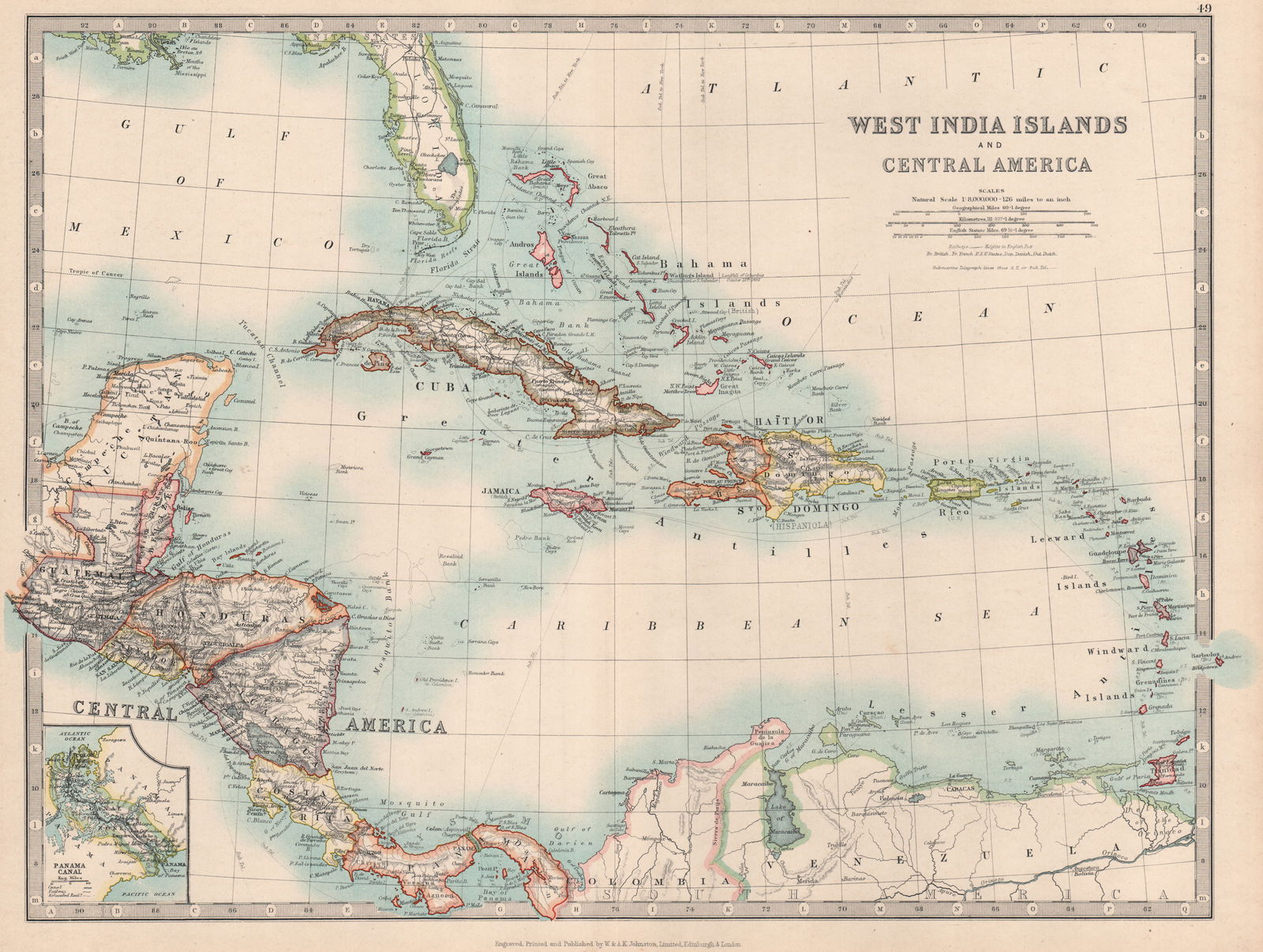WEST INDIES/CARIBBEAN. Panama canal. Danish Virgin Islands. JOHNSTON 1912 map (1 of 1)
