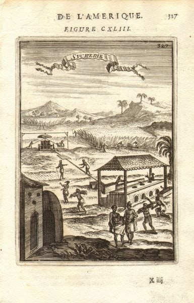 WEST INDIES. Sugarcane plantation & press/mill. Slaves. ' Sucrerie'. MALLET 1683: TITLE OF THE PRINT: 'Sucrerie' (De L'Amerique) DATE PRINTED: 1683 IMAGE SIZE: Approx Overall page size 13 x 21cm approximately (5 x 8 inches); image size 10.5 x 14.5cm approximately (4 x 5.5 inches) T