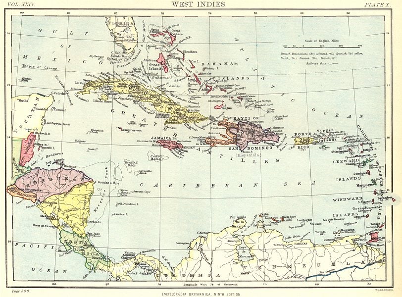 CARIBBEAN. West Indies & Central America. Britannica 9th edition 1898 old map (1 of 1)
