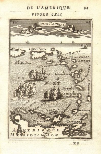 WEST INDIES Caribbean Windward Leeward Islands Barbados Pirates? MALLET 1683 map: TITLE OF THE MAP: 'Isles Caribes' (De L'Amerique) The map covers the islands between Puerto Rico and Trinidad. DATE PRINTED: 1683 IMAGE SIZE: Approx Overall page size 13 x 21cm approximately (5 x 8 in