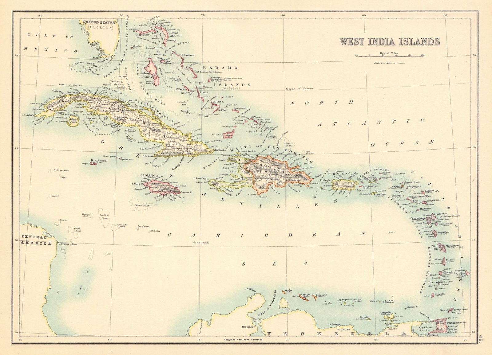 West India Islands. West Indies Caribbean Jamaica Antilles. BARTHOLOMEW 1898 map: TITLE OF MAP (NOT PRINTED ON THE PAGE):'West India Islands' DATE PRINTED: 1898 IMAGE SIZE: Approx 29.5 x 40.5cm, 11.5 x 16 inches (Large) TYPE: Antique atlas map CONDITION: Good; suitable for framing.
